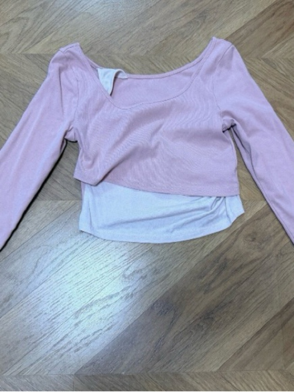 Layered Scoop-Neck Long Sleeve Crop Top - Light Pink